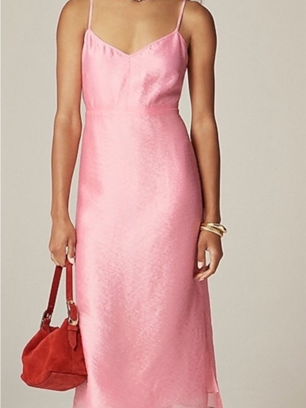 J. Crew Pink Satin Slip Midi Dress with Spaghetti Straps